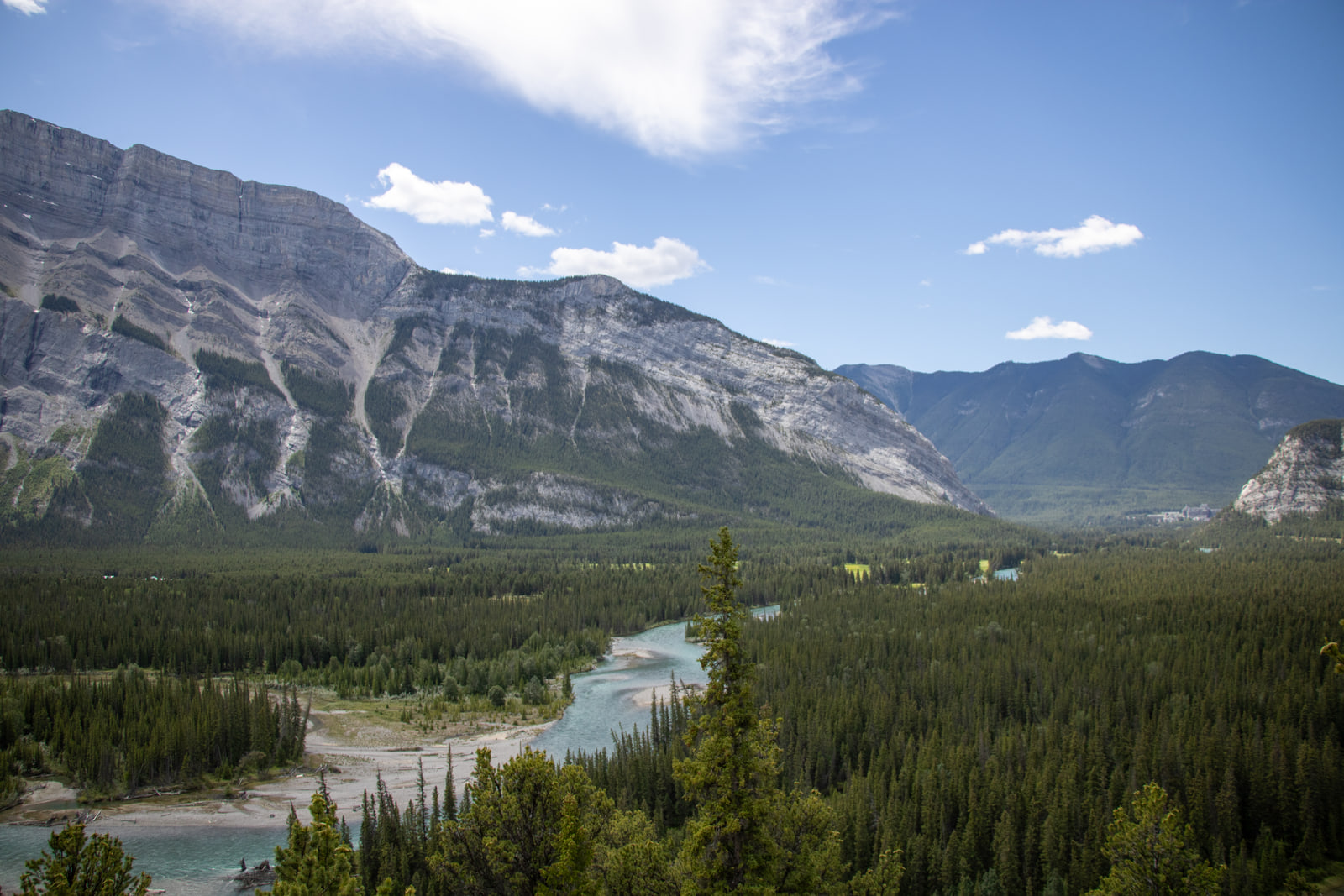 An elevated view of a forested mountain valley with a turquoise river winding through it and a long grey cliff escarpment on the left.