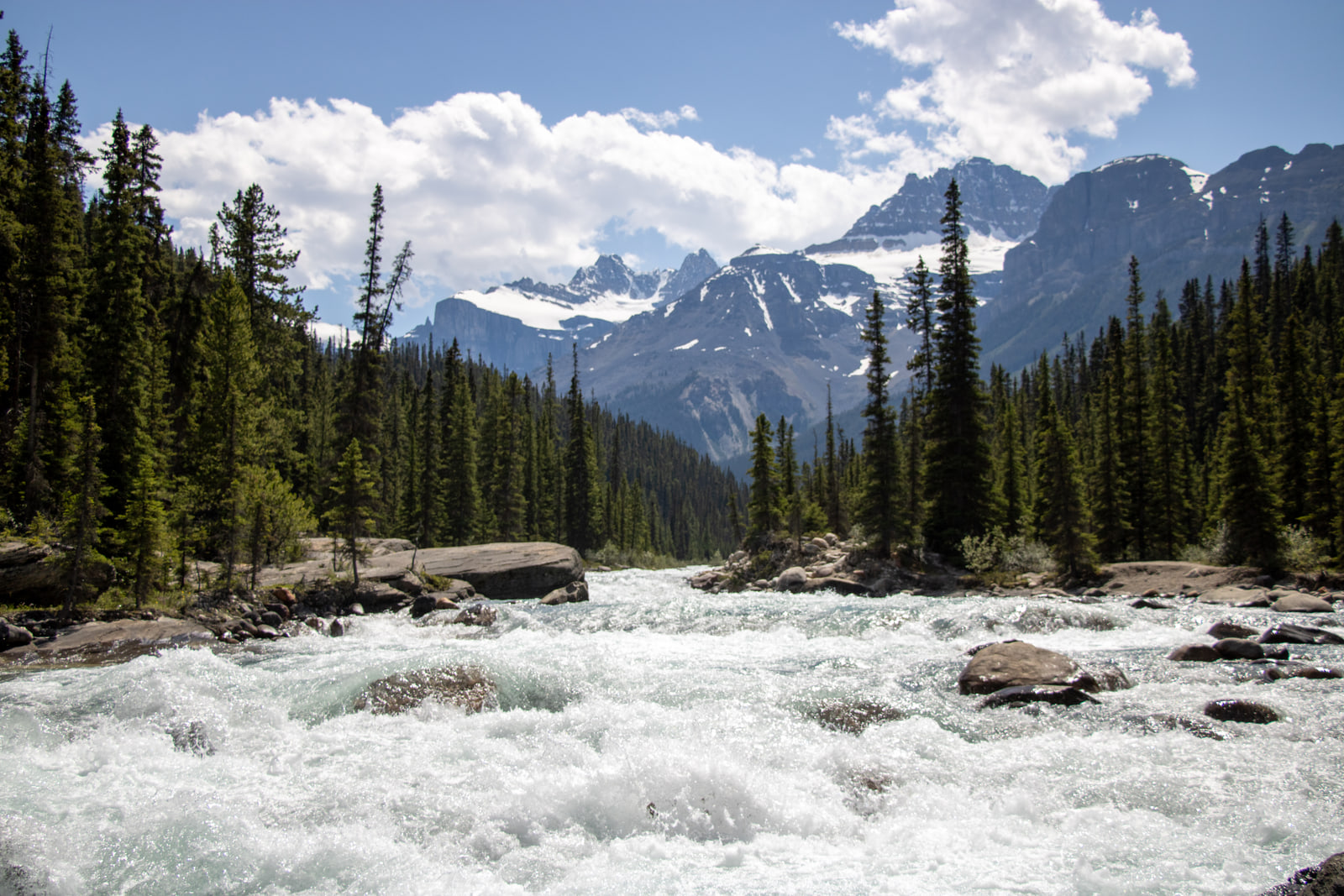 A glacial river rushes white over rocks in the foreground while snow-covered peaks and tall cumulus clouds rise beyond a spruce-lined valley.